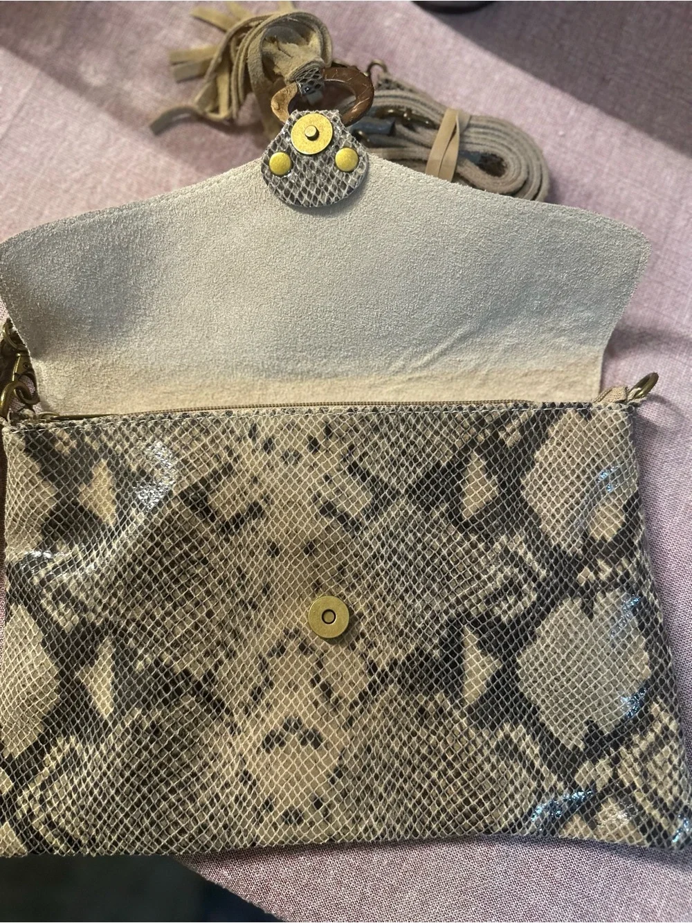 Snake-Print Tassel Envelope Clutch in Beige